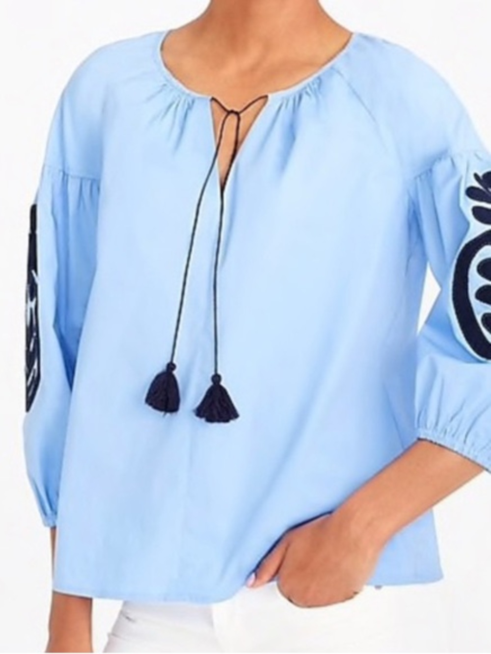 J Crew Factory blue peasant top with embroidery